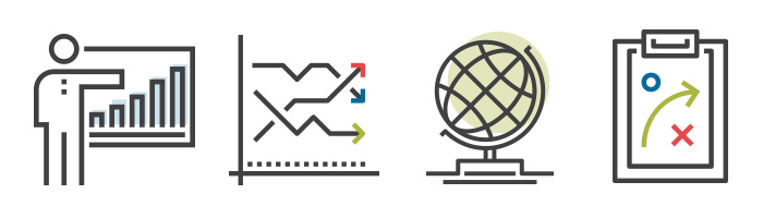 person presenting chart, line graph with arrows, globe and clipboard