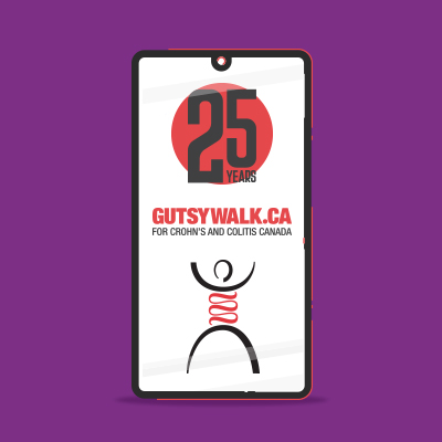 A mobile phone showing, "25 years - GutsyWalk.ca for Crohn