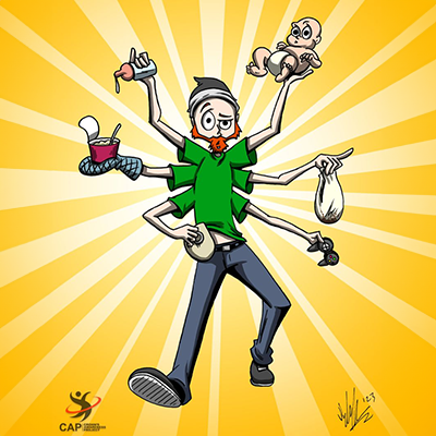 Brad Watson-Davelaar as a cartoon holding a baby and juggling