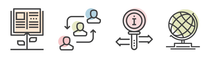 research article flower, interconnected people, informational arrows, globe
