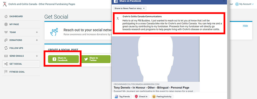 While in the participant centre, click on the "share" link in the 4th box at the top labelled "Raise Awareness on Social." You will be prompted to select the social media platform of your choice (see below). A pop-up will display that will allow you to tailor a message about your fundraiser and it will include a link to your fundraising page so that your friends on social media channels will be able to see that you're hosting a fundraiser and help you raise funds by contributing or sharing your post with others on their social media channels.