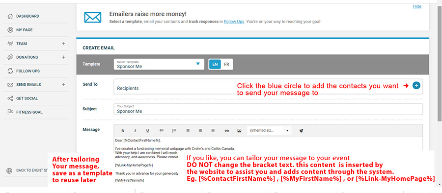 Graphic showing an arrow toclick to add contacts to your message to send out to